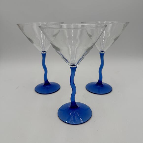 Libbey Martini Glasses in Courbe Pattern Blue Stem Set of 3 - Picture 1 of 8